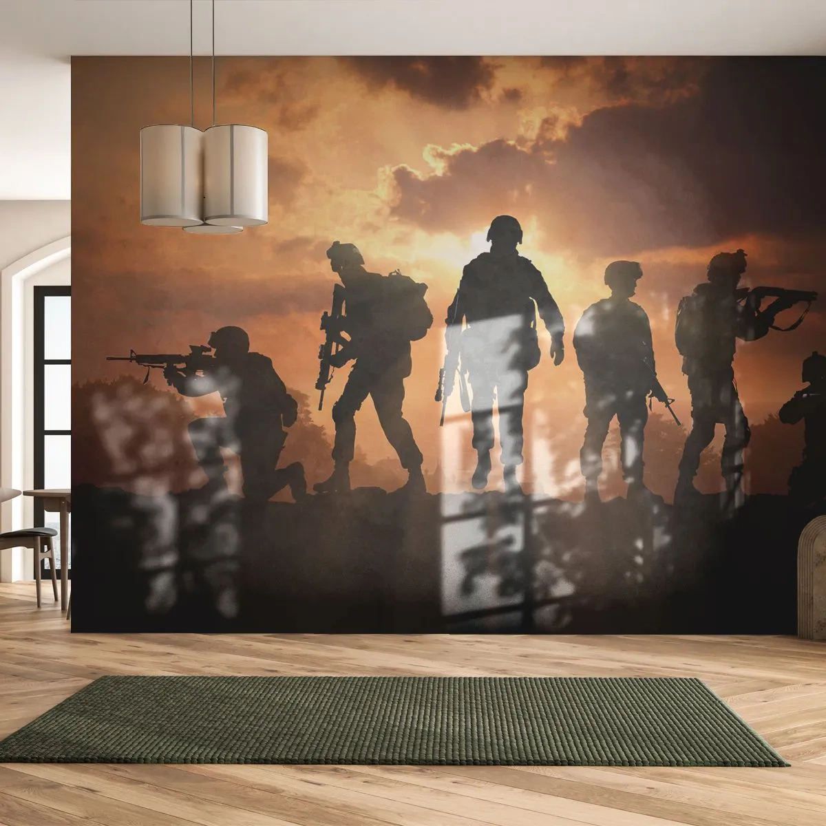 Fototapet Standard Eco - Silhuetter av soldater mot den nedgående solen - 100x70cm - Brothers in arms - Modern väggdekoration för vardagsrum och sovrum ARTTOR