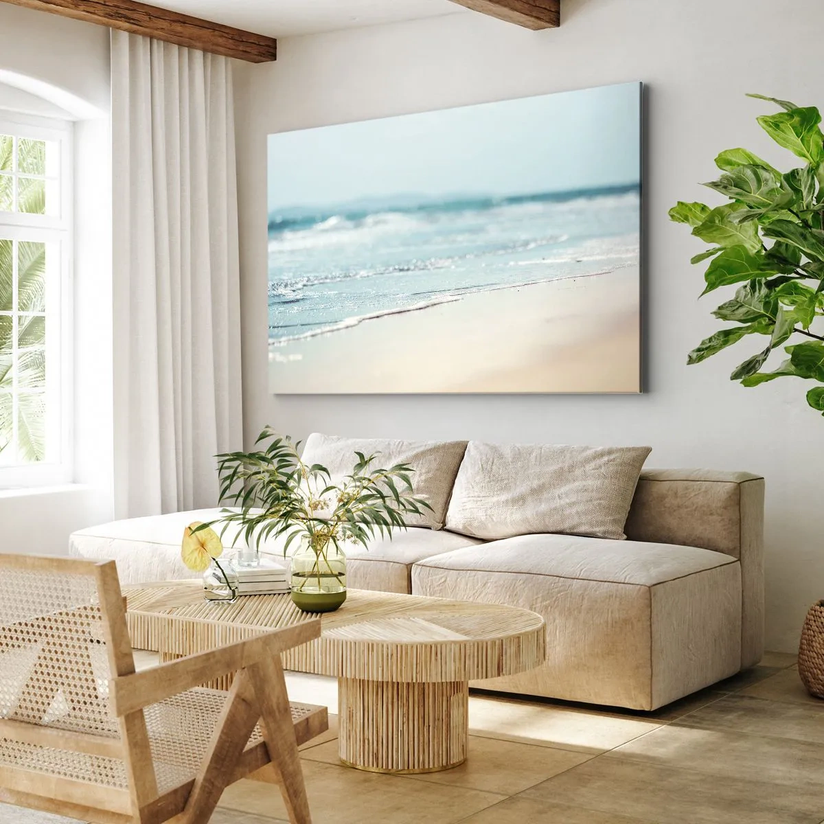 Canvastavla - Bild på duk - Milda havsvågor på en sandstrand - 70x50cm - Värme och brus - Modern väggdekoration för vardagsrum och sovrum ARTTOR