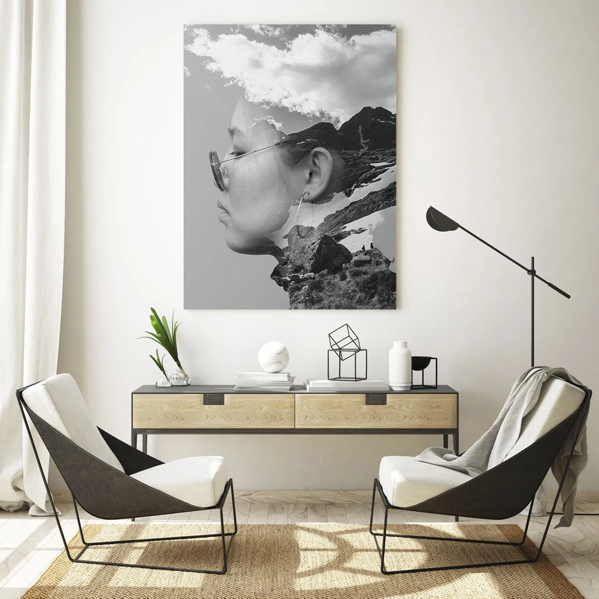 Glastavla - Bild på glas - Huvud- och molnig porträtt - 50x70 cm
