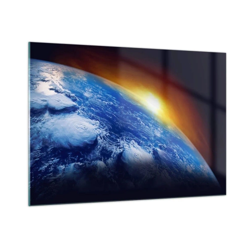 Glastavla - Bild på glas - Soluppgång över den blåa planeten - 100x70 cm