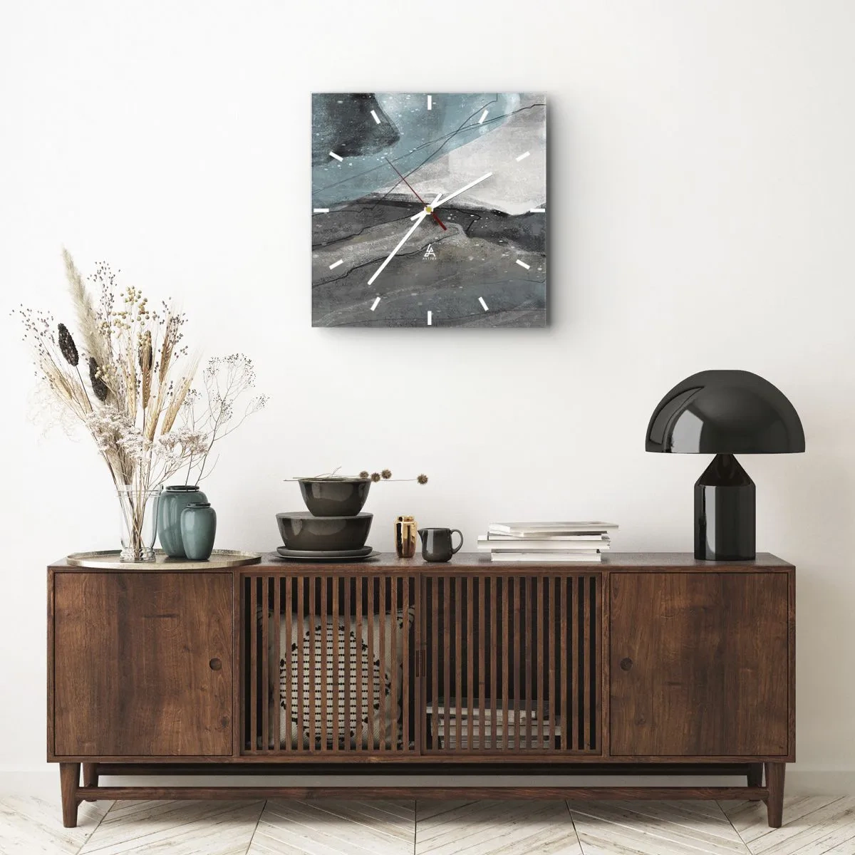 Väggklocka - Klocka på glas - Abstraktion: stenar och is - 40x40 cm