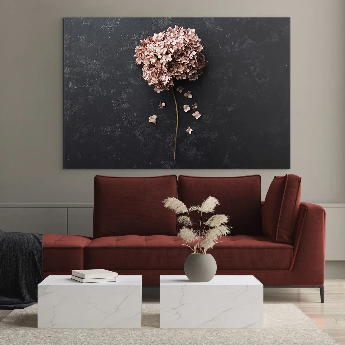 Glastavla - Bild på glas - Torr hortensia med spridda kronblad på en mörk bakgrund - 70x50cm - Ett verkligt romantiskt tecken - Modern väggdekoration för vardagsrum och sovrum ARTTOR