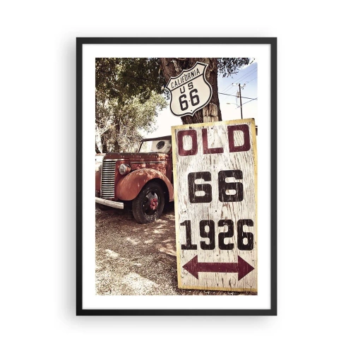 Affisch i svart ram - Veteranbil vid Route 66-skylten - 50x70cm - Amerikanska provinsens legend - Modern väggdekoration för vardagsrum och sovrum ARTTOR