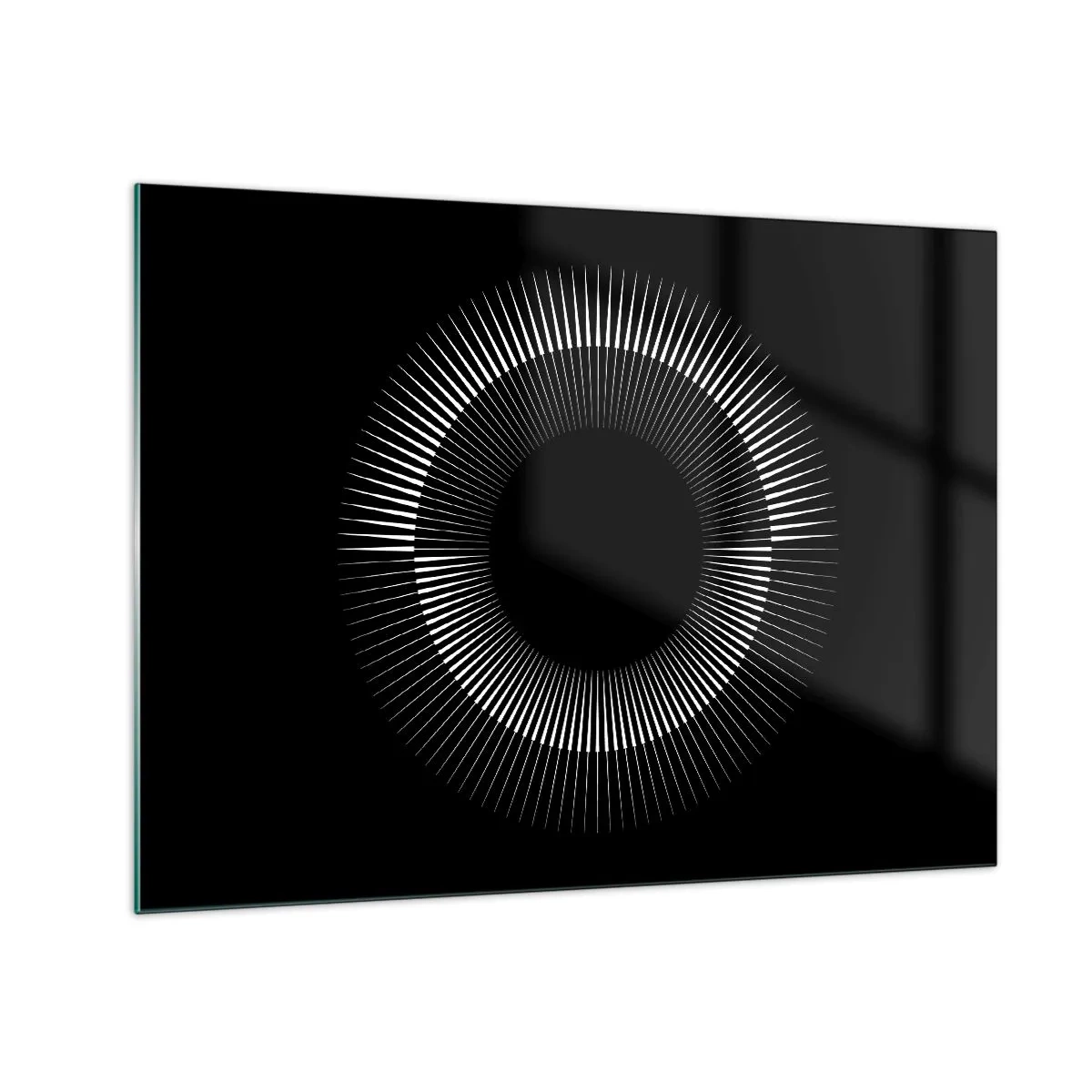 Glastavla - Bild på glas - Vita strålar som bildar en cirkel på en svart bakgrund - 70x50cm - Svart sol - Modern väggdekoration för vardagsrum och sovrum ARTTOR