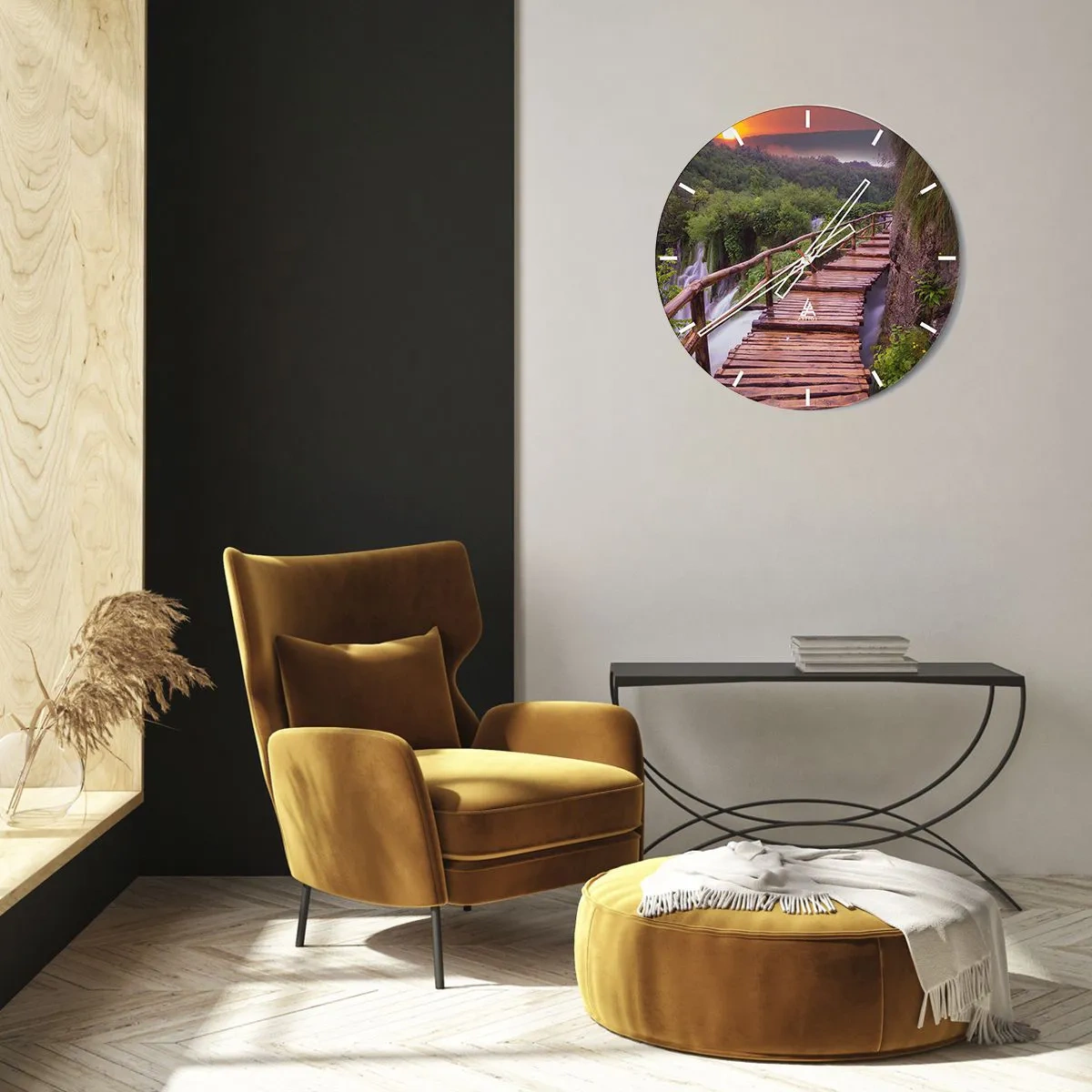 Väggklocka - Klocka på glas - Trägångbro över vattenfall i skogen vid solnedgången - 30x30cm - Otrolig skönhet - Modern väggdekoration för vardagsrum, kök och sovrum ARTTOR