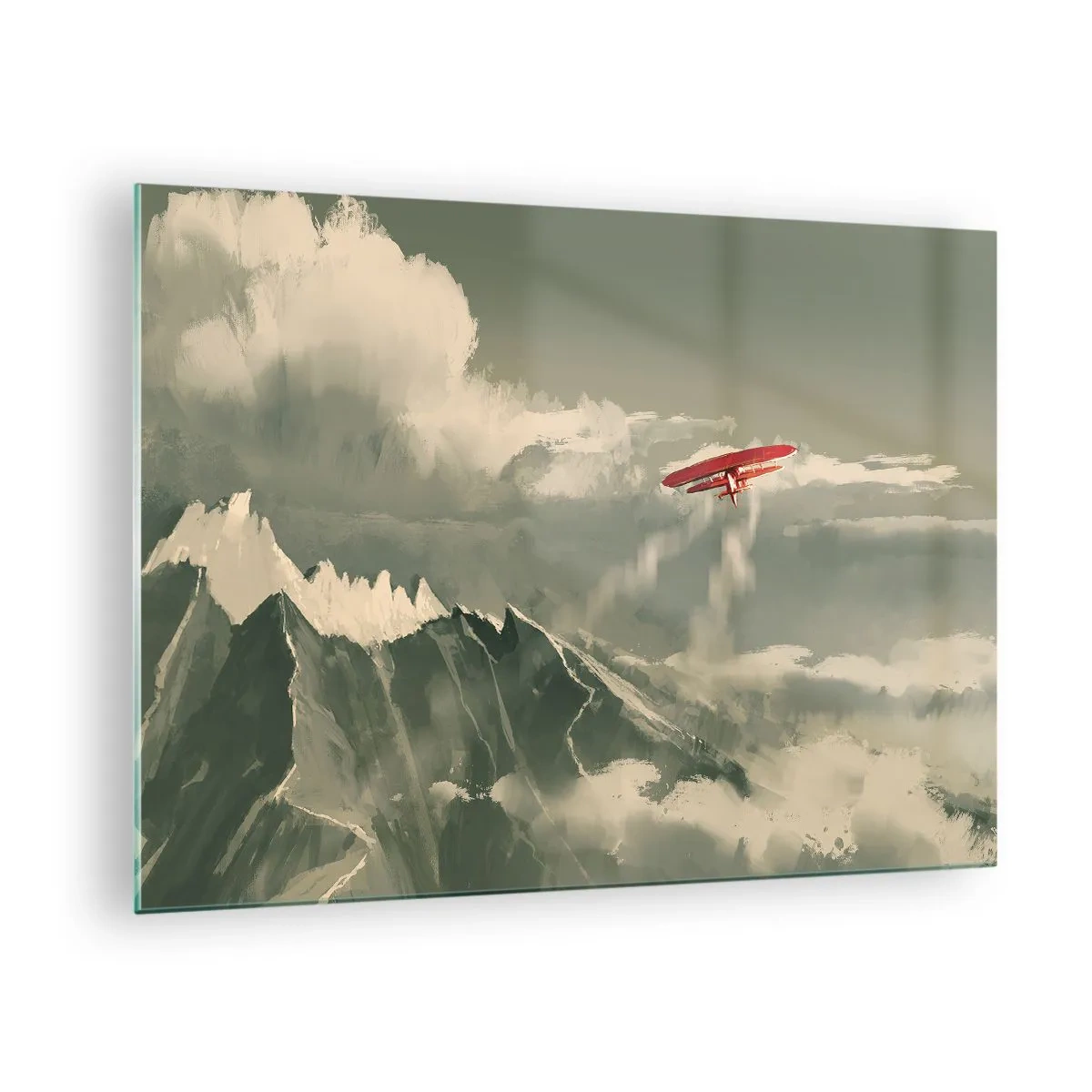Glastavla - Bild på glas - Ett rött flygplan som flyger över snötäckta berg - 70x50cm - Orädd pionjär - Modern väggdekoration för vardagsrum och sovrum ARTTOR