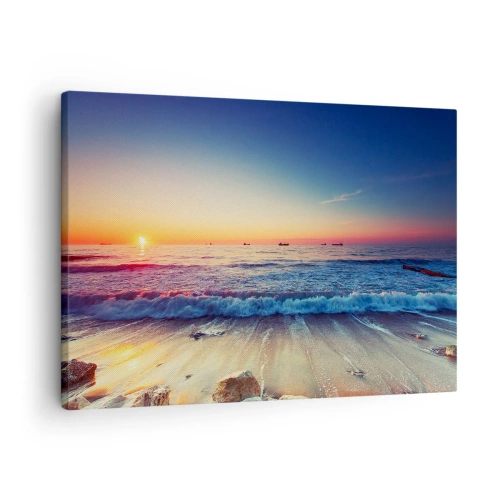 Canvastavla - Bild på duk - Solnedgång över ett lugnt hav med vågor - 70x50cm - Vad finns bortom horisonten? - Modern väggdekoration för vardagsrum och sovrum ARTTOR
