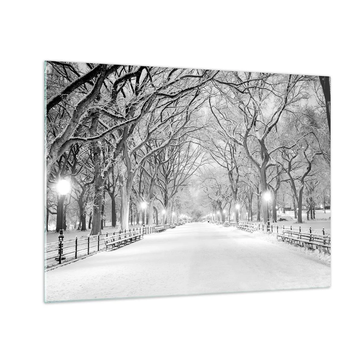 Glastavla - Bild på glas - Vinterträdgränd i parken med ljus och snö - 70x50cm - De fyra årstiderna - vinter - Modern väggdekoration för vardagsrum och sovrum ARTTOR