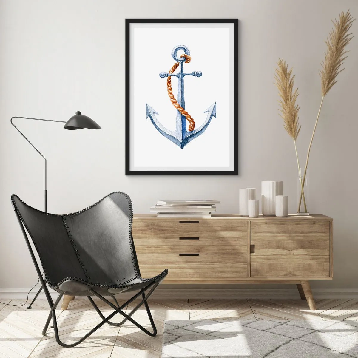 Affisch i svart ram - Ankare med rep i akvarellstil - 50x70cm - Heja äventyret! - Modern väggdekoration för vardagsrum och sovrum ARTTOR