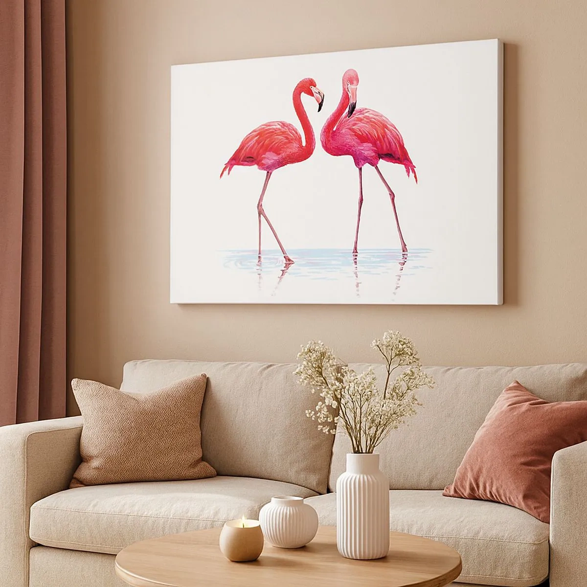 Canvastavla - Bild på duk - Ett par flamingos i vattnet mot en ljus bakgrund - 70x50cm - Rosa rendez-vous - Modern väggdekoration för vardagsrum och sovrum ARTTOR