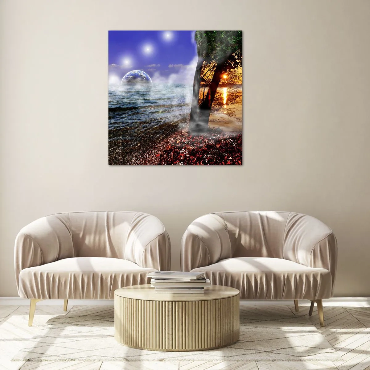 Glastavla - Bild på glas - Surrealistiskt landskap - naturens enighet - 70x70 cm