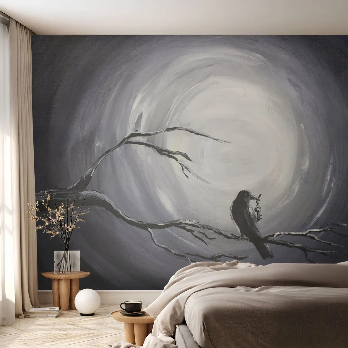 Fototapet Premium Canvas - Nyckeln till nattens hemlighet - Abstraktion, Gala, Fågel - 500x350 cm