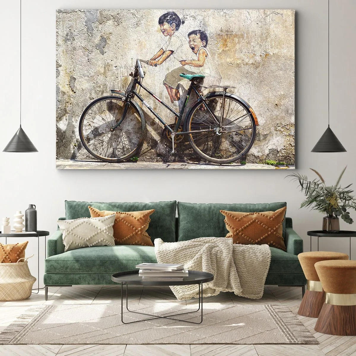 Canvastavla - Bild på duk - Gatukonst med en cykel och barnteckningar på väggen - 70x50cm - Sant eller falskt? - Modern väggdekoration för vardagsrum och sovrum ARTTOR