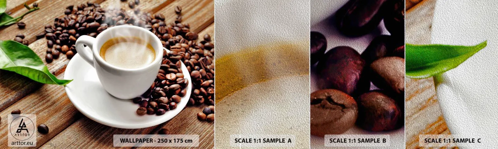 Provbit av fototapet Premium Sand - Kaffe på bordet - Gastronomi, Kaffe, Kopp - 100x30 cm