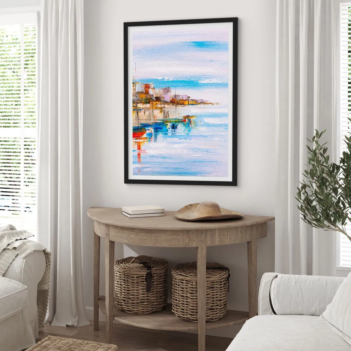 Affisch i svart ram - Det färgstarka landskapet i kuststaden - 50x70cm - Flerfärgad urban hamn - Modern väggdekoration för vardagsrum och sovrum ARTTOR