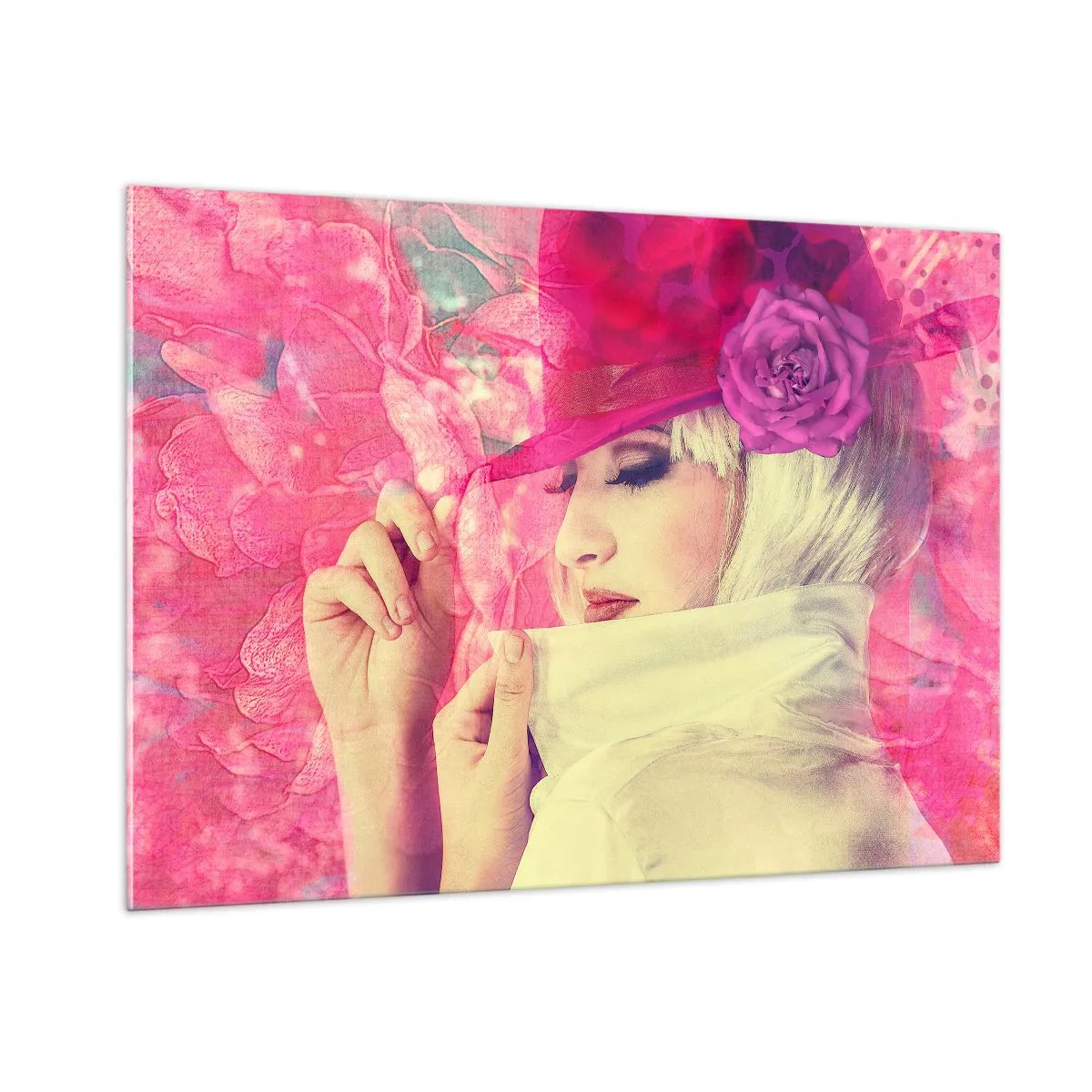 Glastavla - Bild på glas - Retroporträtt i rosa ångor - 100x70 cm