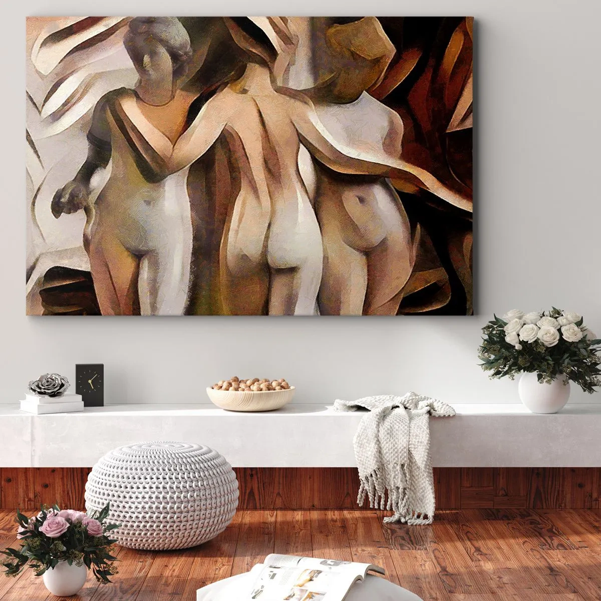 Canvastavla - Bild på duk - En abstrakt scen med tre figurer i varma färger. - 70x50cm - De tre gracerna 2.0 - Modern väggdekoration för vardagsrum och sovrum ARTTOR
