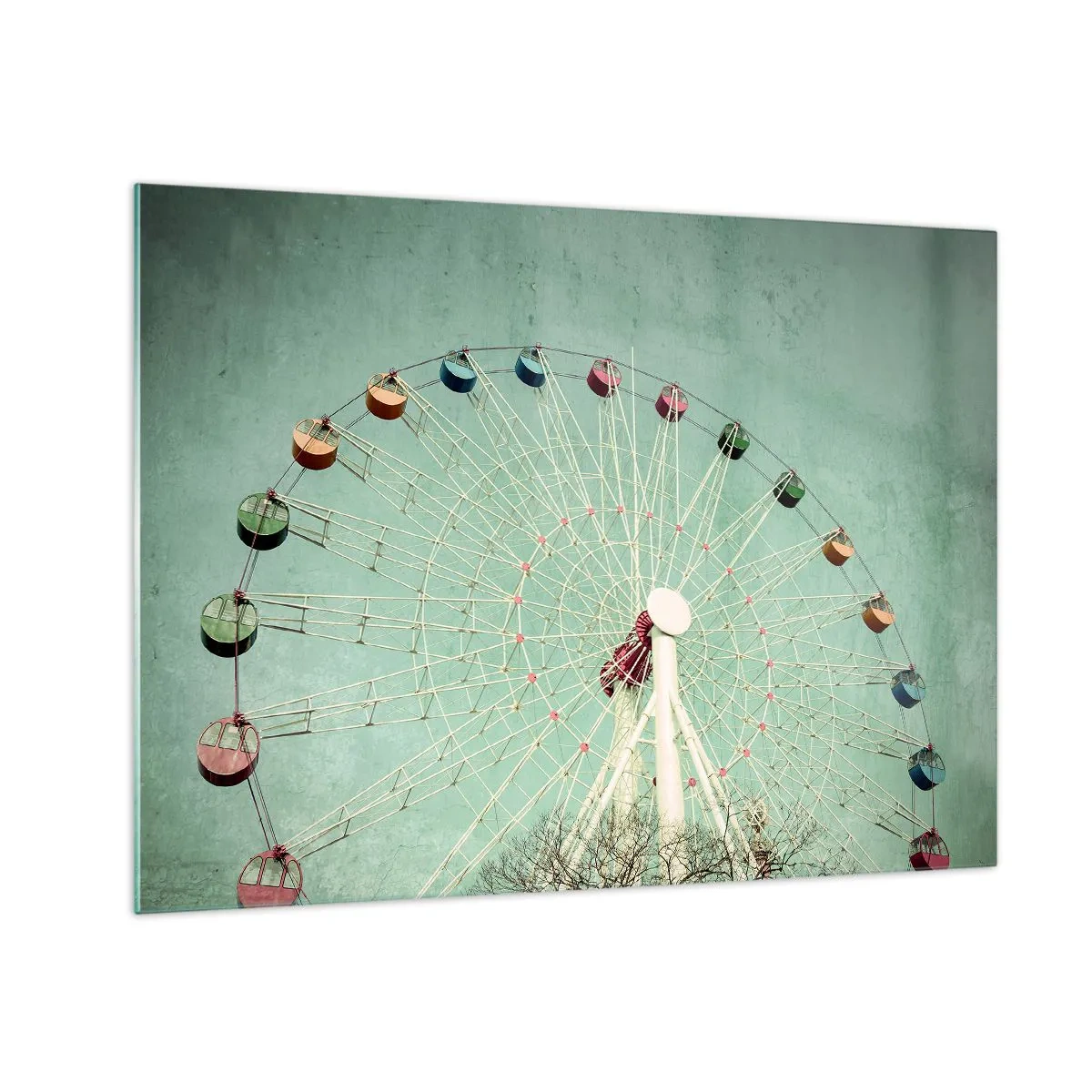 Glastavla - Bild på glas - Ett färgglatt pariserhjul mot en pastellgrön bakgrund - 70x50cm - Välkommen att ha kul - Modern väggdekoration för vardagsrum och sovrum ARTTOR