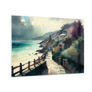 Glastavla - Bild på glas - En strandpromenad med färgglada hus och vatten - 70x50cm - Medelhavsstad - Modern väggdekoration för vardagsrum och sovrum ARTTOR