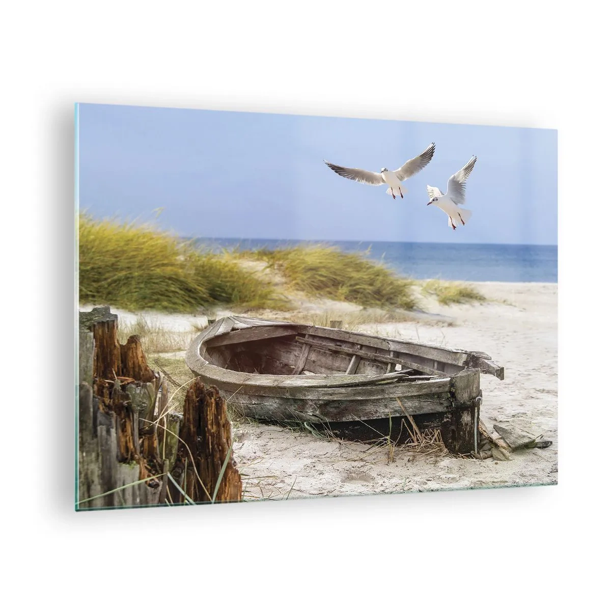Glastavla - Bild på glas - Träbåt på stranden med måsar i flykt - 70x50cm - Doppade i vinden - Modern väggdekoration för vardagsrum och sovrum ARTTOR