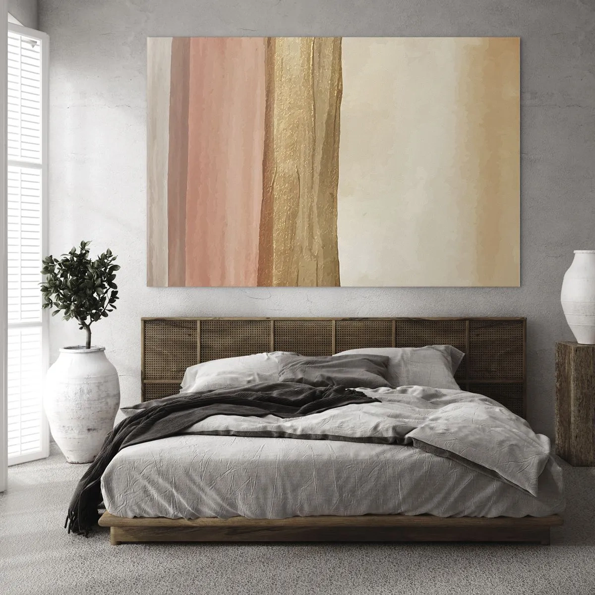 Glastavla - Bild på glas - Abstrakta ränder i varma nyanser av beige och guld - 70x50cm - Vertikal komposition - Modern väggdekoration för vardagsrum och sovrum ARTTOR