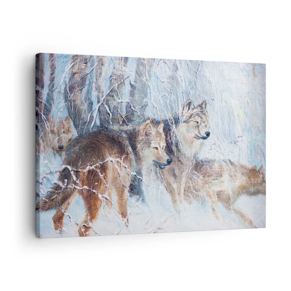 Canvastavla - Bild på duk - Vargar i en vinterskog mot en snöig bakgrund - 70x50cm - Akta! Någon kommer - Modern väggdekoration för vardagsrum och sovrum ARTTOR