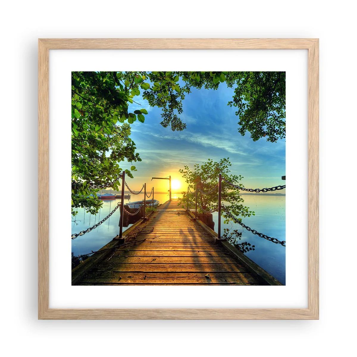 Affisch i ram av ljusek - Solnedgång vid vatten - 40x40 cm