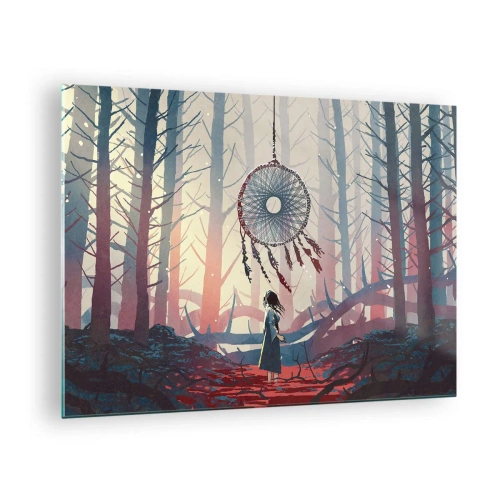 Glastavla - Bild på glas - En figur i skogen tittar på en stor drömfångare som svävar i luften. - 70x50cm - Hemlighetsfull ritual av lyckan - Modern väggdekoration för vardagsrum och sovrum ARTTOR