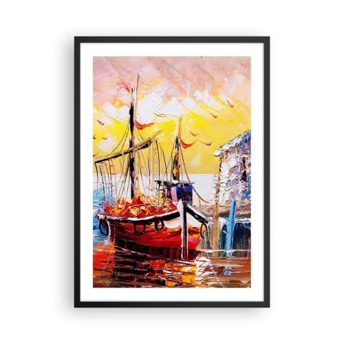 Affisch i svart ram - Ett pittoreskt skepp mot bakgrund av den nedgående solen - 50x70cm - Lycklig återresa - Modern väggdekoration för vardagsrum och sovrum ARTTOR