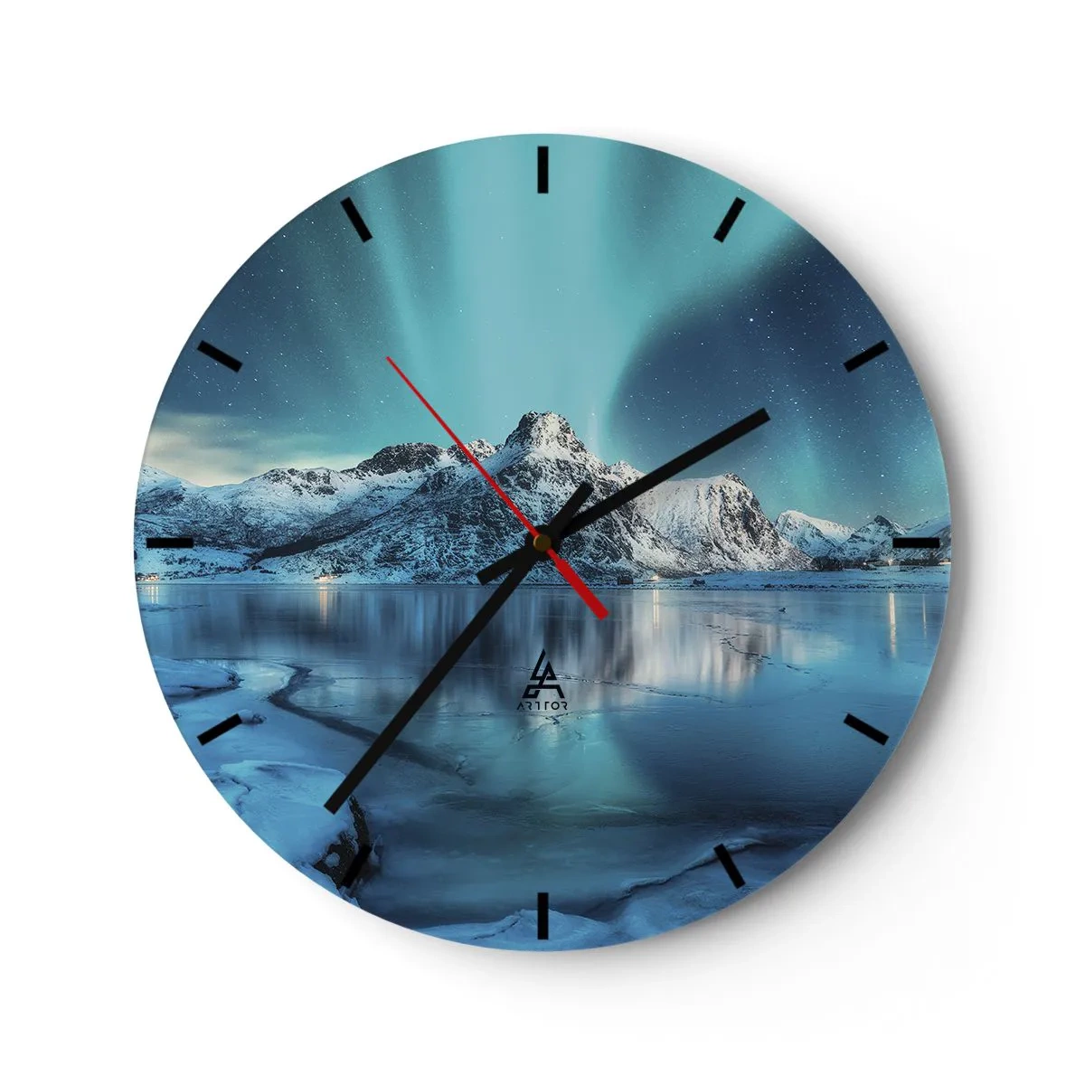 Väggklocka - Klocka på glas - Norrsken över snötäckta berg och en frusen sjö - 30x30cm - Ljusets natt - Modern väggdekoration för vardagsrum, kök och sovrum ARTTOR