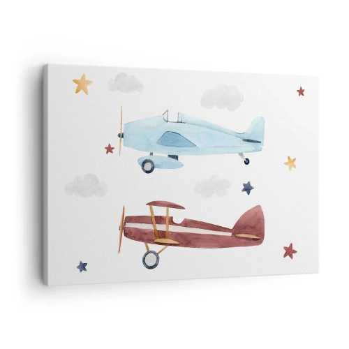 Canvastavla - Bild på duk - Handmålade flygplan mot en bakgrund av moln och stjärnor - 70x50cm - Herr pilot, vi väntar! - Modern väggdekoration för vardagsrum och sovrum ARTTOR