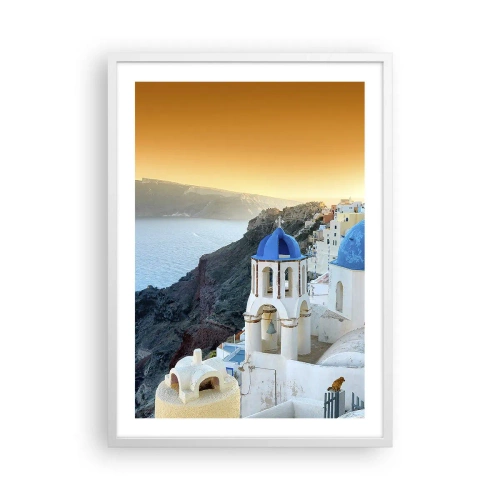 Affisch i vit ram - Santorini - inbäddat i berg - 50x70 cm