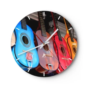 Väggklocka - Klocka på glas - Färgglada gitarrer i olika nyanser på en mörk bakgrund - 30x30cm - Latino klimat - Modern väggdekoration för vardagsrum, kök och sovrum ARTTOR