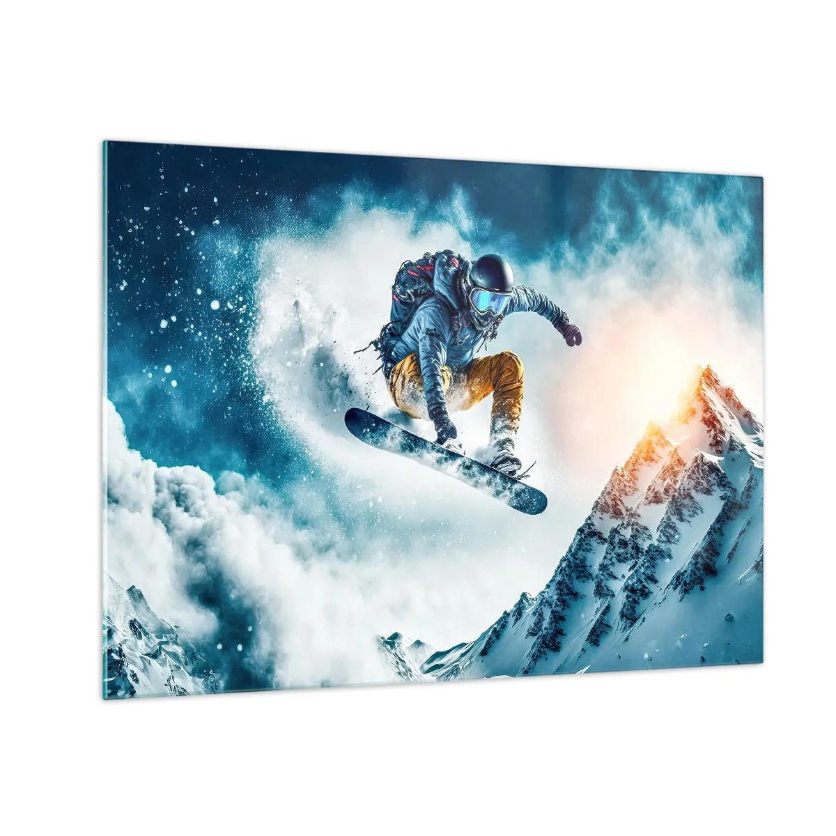 Glastavla - Bild på glas - En snowboardåkare flyger över snötäckta berg - 70x50cm - Extrema känslor - Modern väggdekoration för vardagsrum och sovrum ARTTOR