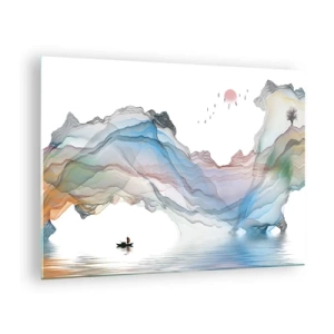 Glastavla - Bild på glas - Färgglada berg med en båt på vattnet i akvarellstil - 70x50cm - Mot kristallfjäll - Modern väggdekoration för vardagsrum och sovrum ARTTOR