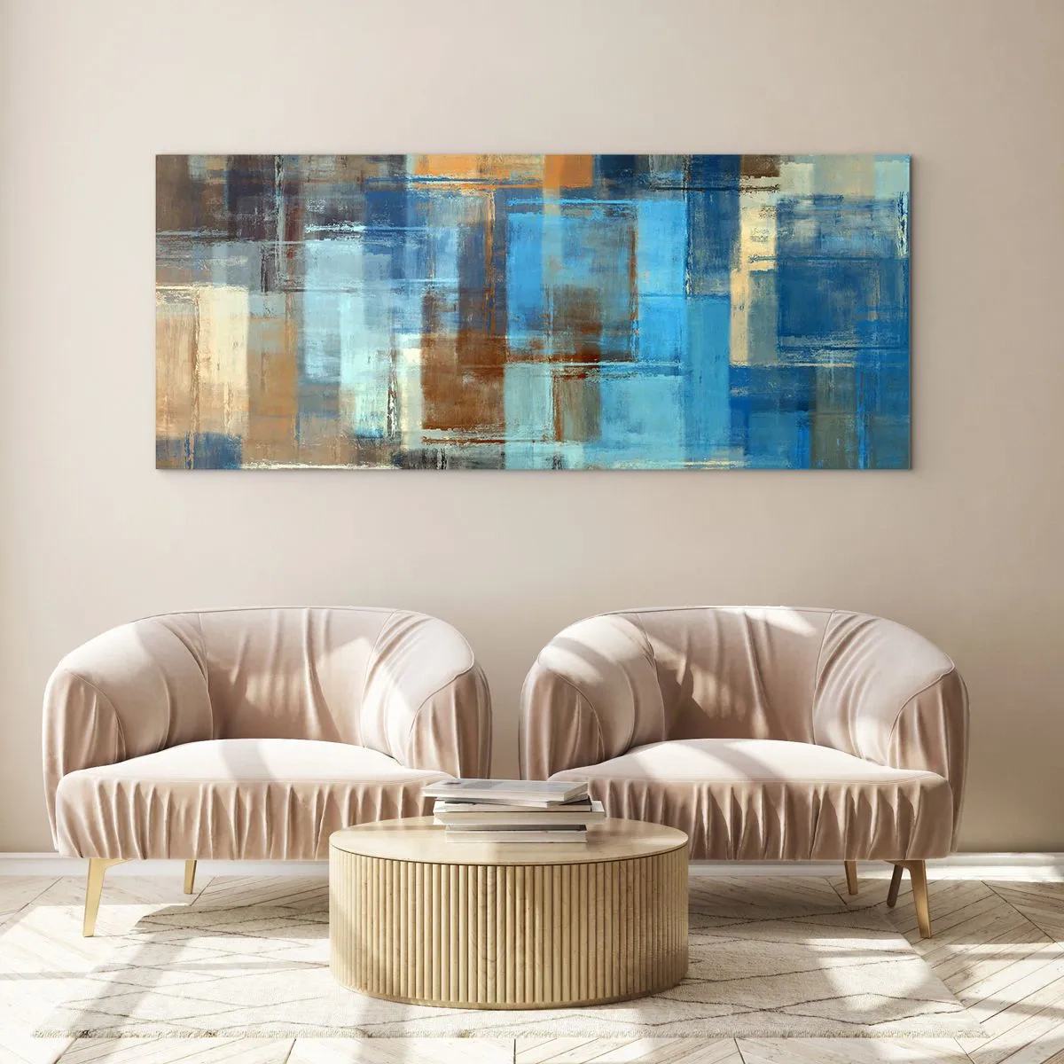 Glastavla - Bild på glas - Genom blåa gardinen - 90x30 cm