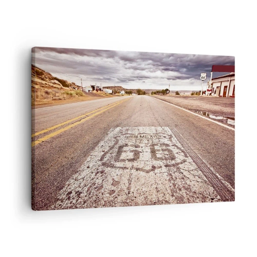 Canvastavla - Bild på duk - Route 66 i ett ökenklimat med en pittoresk himmel - 70x50cm - Mother Road - amerikanska legenden - Modern väggdekoration för vardagsrum och sovrum ARTTOR