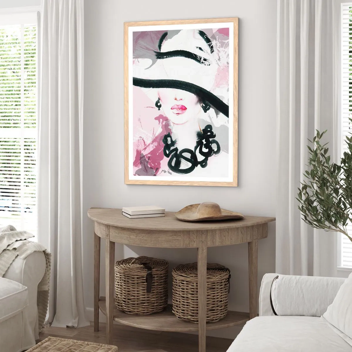 Affisch i ram av ljusek - En damportätt i svart och rosa - 30x40 cm