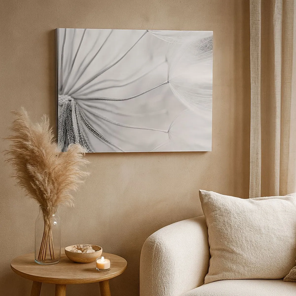 Canvastavla - Bild på duk - Fina maskrosor i svartvita toner - 70x50cm - Blåsande, flygande drakar - Modern väggdekoration för vardagsrum och sovrum ARTTOR