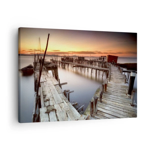 Canvastavla - Bild på duk - Träbryggor på lugnt vatten vid solnedgången - 70x50cm - Äkta vara, ingen attrapp för turister - Modern väggdekoration för vardagsrum och sovrum ARTTOR