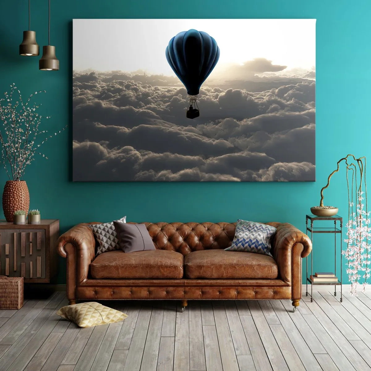 Canvastavla - Bild på duk - En varmluftsballong mot en himmel med moln vid solnedgången - 70x50cm - Vandrare över molnen - Modern väggdekoration för vardagsrum och sovrum ARTTOR