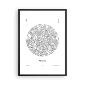 Affisch i svart ram - En minimalistisk karta över Madrid i svartvitt. - 50x70cm - Madrids anatomi - Modern väggdekoration för vardagsrum och sovrum ARTTOR