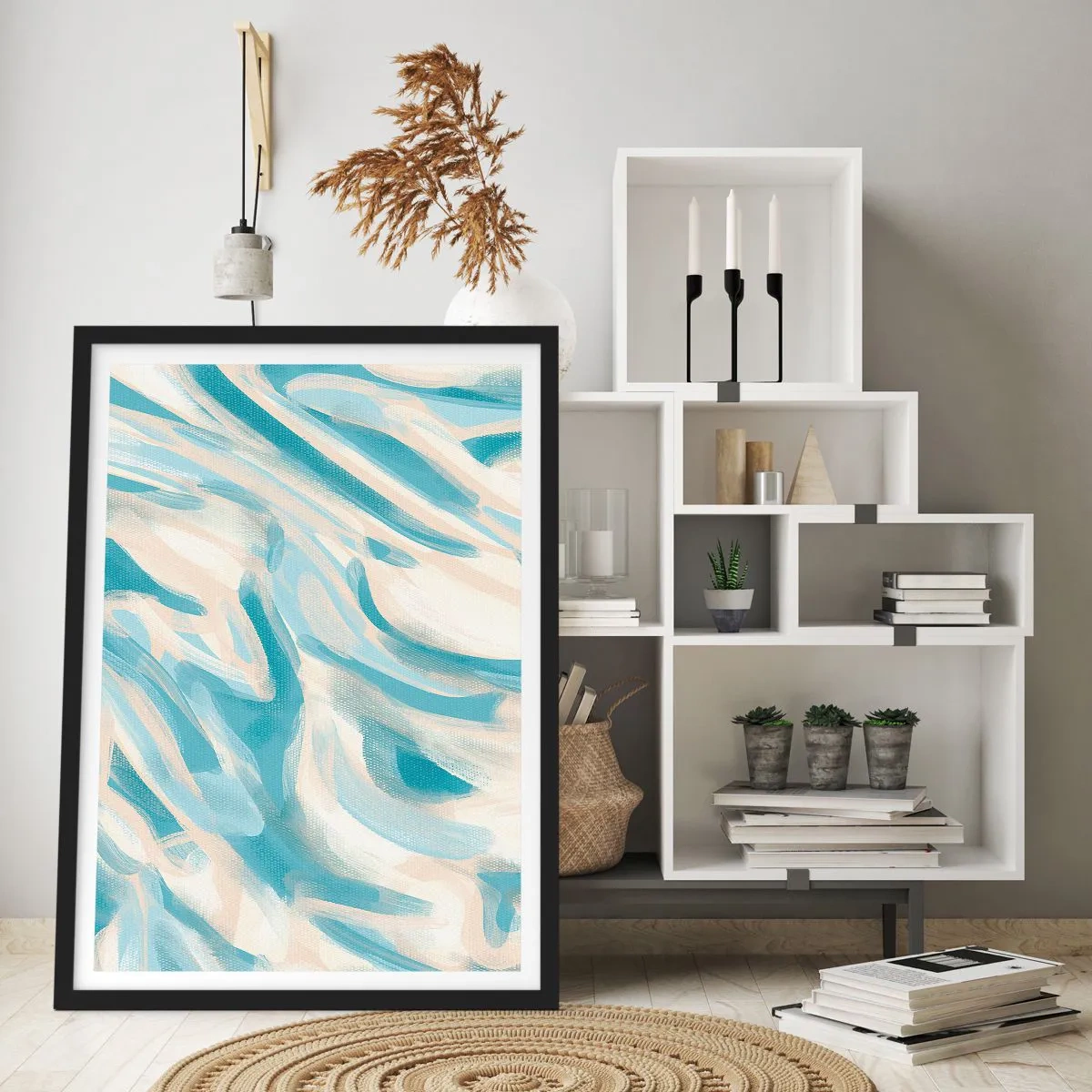 Affisch i svart ram - Abstrakta vågor i blå och beige nyanser - 50x70cm - Vårvindar - Modern väggdekoration för vardagsrum och sovrum ARTTOR