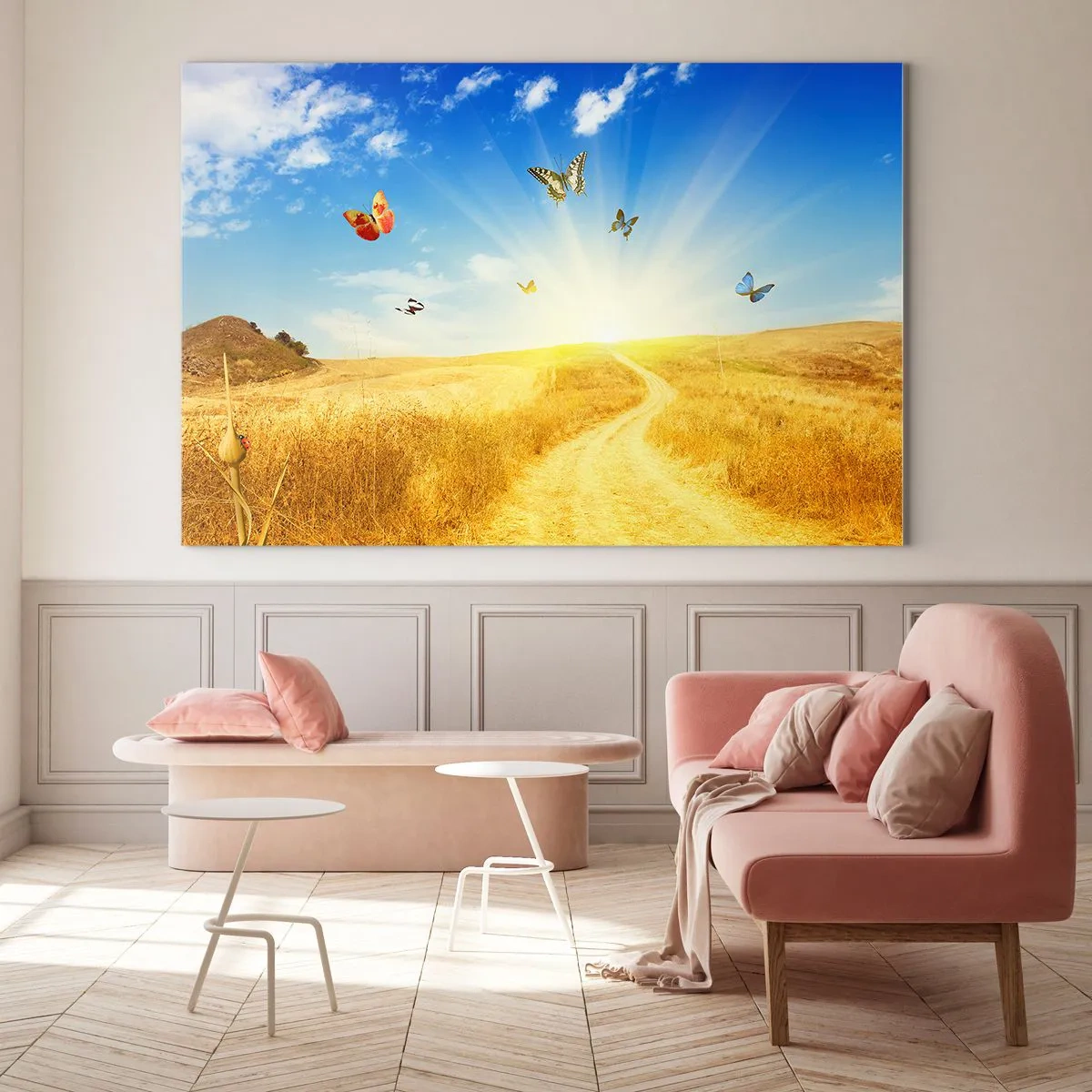 Glastavla - Bild på glas - Fjärilar som svävar över en grusväg vid soluppgången - 70x50cm - Varför vi älskar sommaren? - Modern väggdekoration för vardagsrum och sovrum ARTTOR