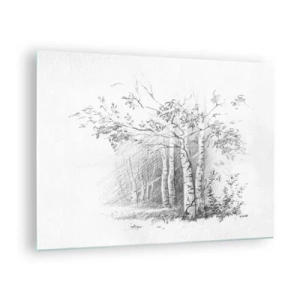 Glastavla - Bild på glas - Skiss av en björkskog i monokromatiska toner - 70x50cm - Björkskogens ljus - Modern väggdekoration för vardagsrum och sovrum ARTTOR