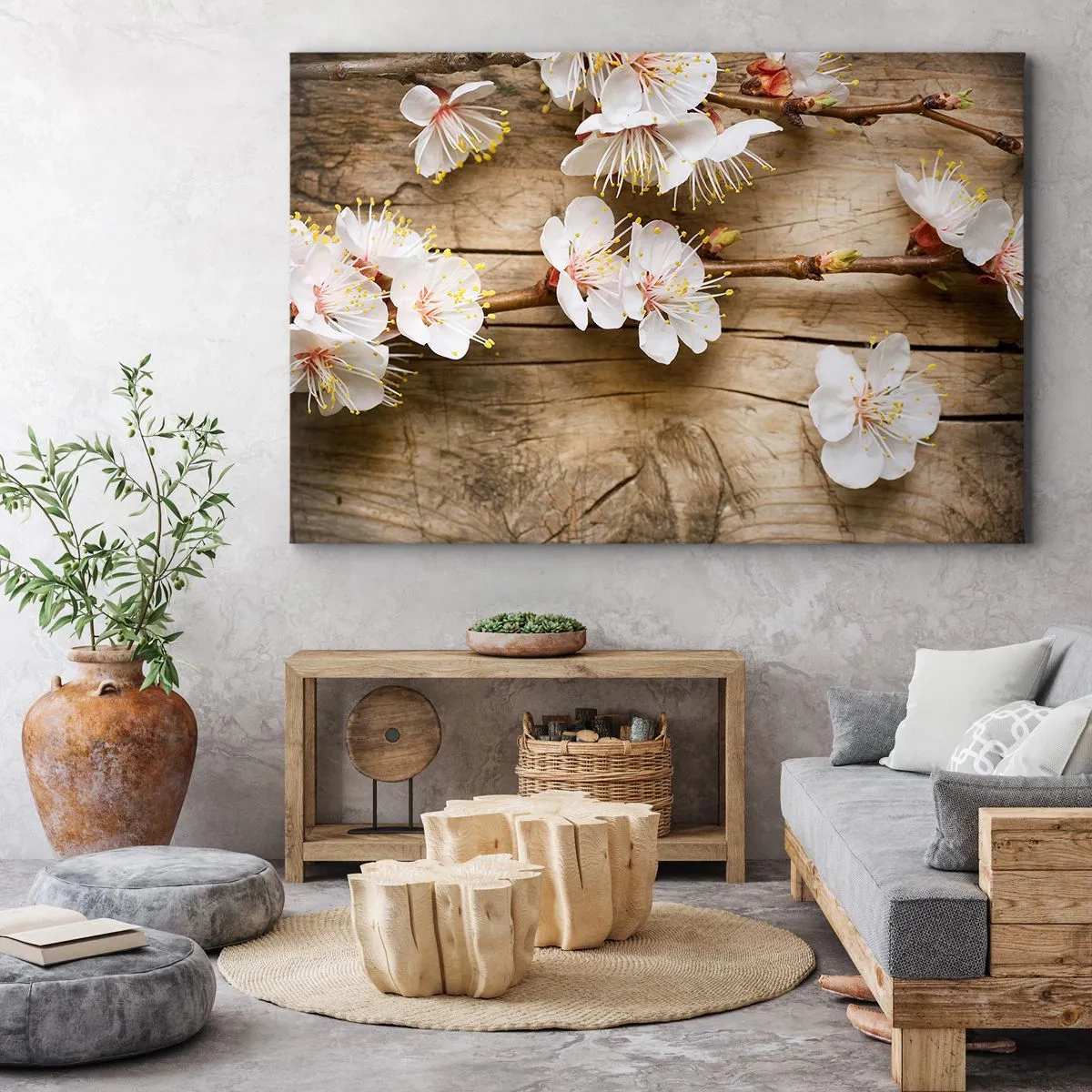 Canvastavla - Bild på duk - Grenar av blommande körsbärsträd på en träskiva bakgrund - 70x50cm - Och så blev det vår - Modern väggdekoration för vardagsrum och sovrum ARTTOR