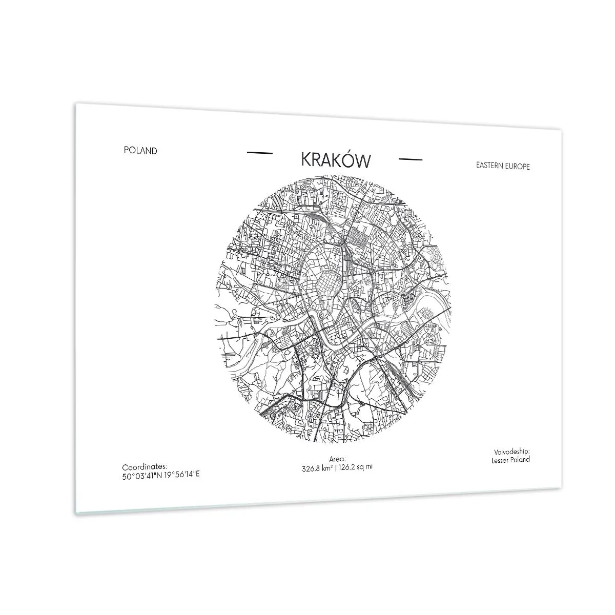 Glastavla - Bild på glas - En karta över Krakow i svartvit illustrationsstil - 70x50cm - Krakóws anatomi - Modern väggdekoration för vardagsrum och sovrum ARTTOR