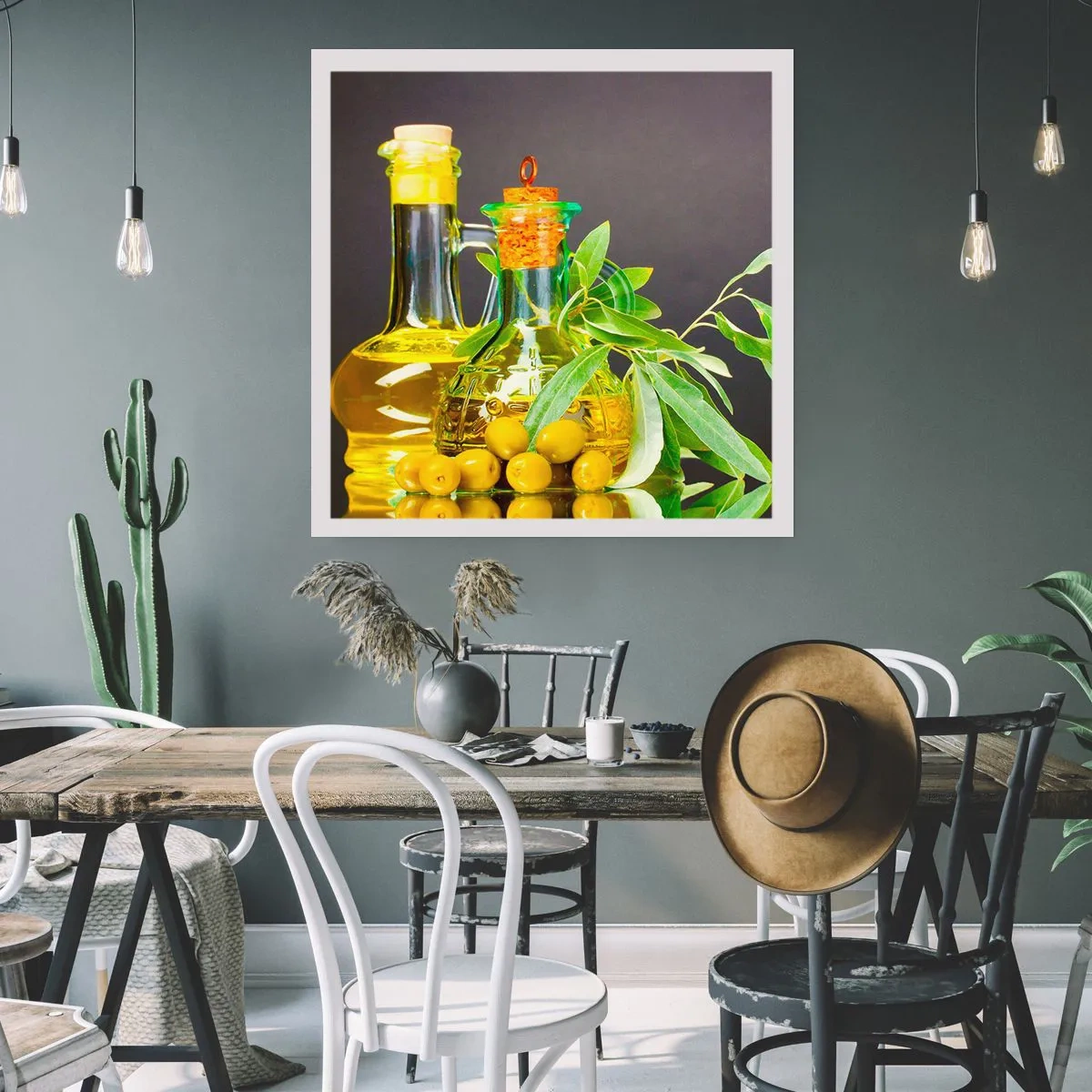 Affisch - Stilleben med oliver och olivolja - 40x40 cm