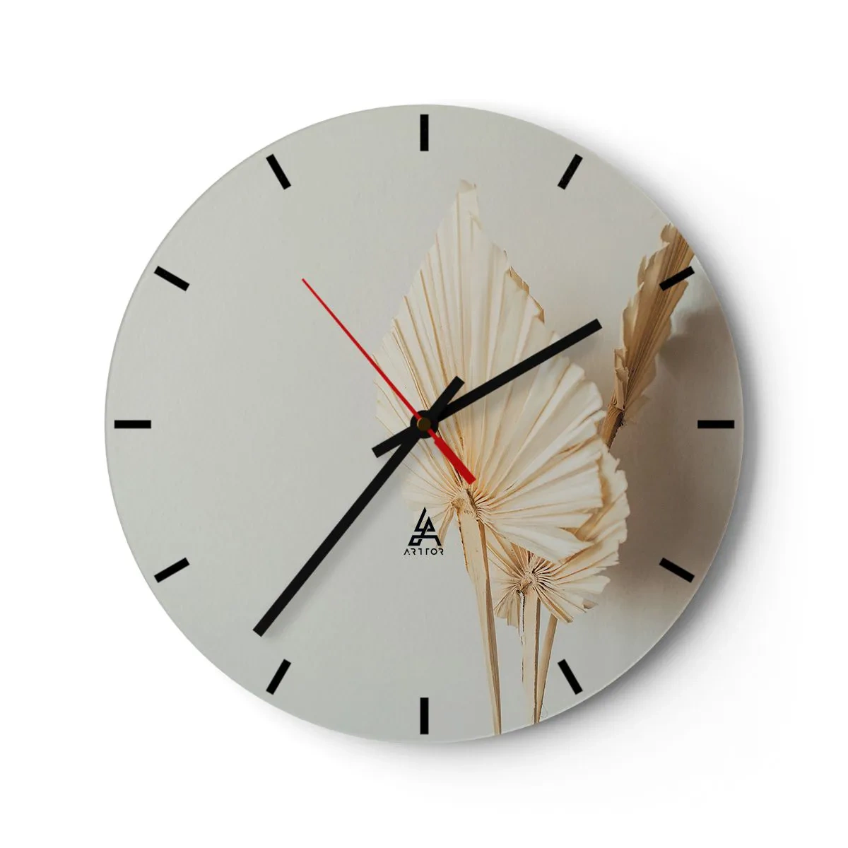 Väggklocka - Klocka på glas - Torkade palmblad på beige bakgrund i boho-stil - 30x30cm - När du behöver stillhet - Modern väggdekoration för vardagsrum, kök och sovrum ARTTOR