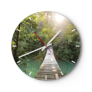 Väggklocka - Klocka på glas - Trähängbro i den tropiska djungeln i gryningen - 30x30cm - Vid azurblått vatten till azurblå skog - Modern väggdekoration för vardagsrum, kök och sovrum ARTTOR